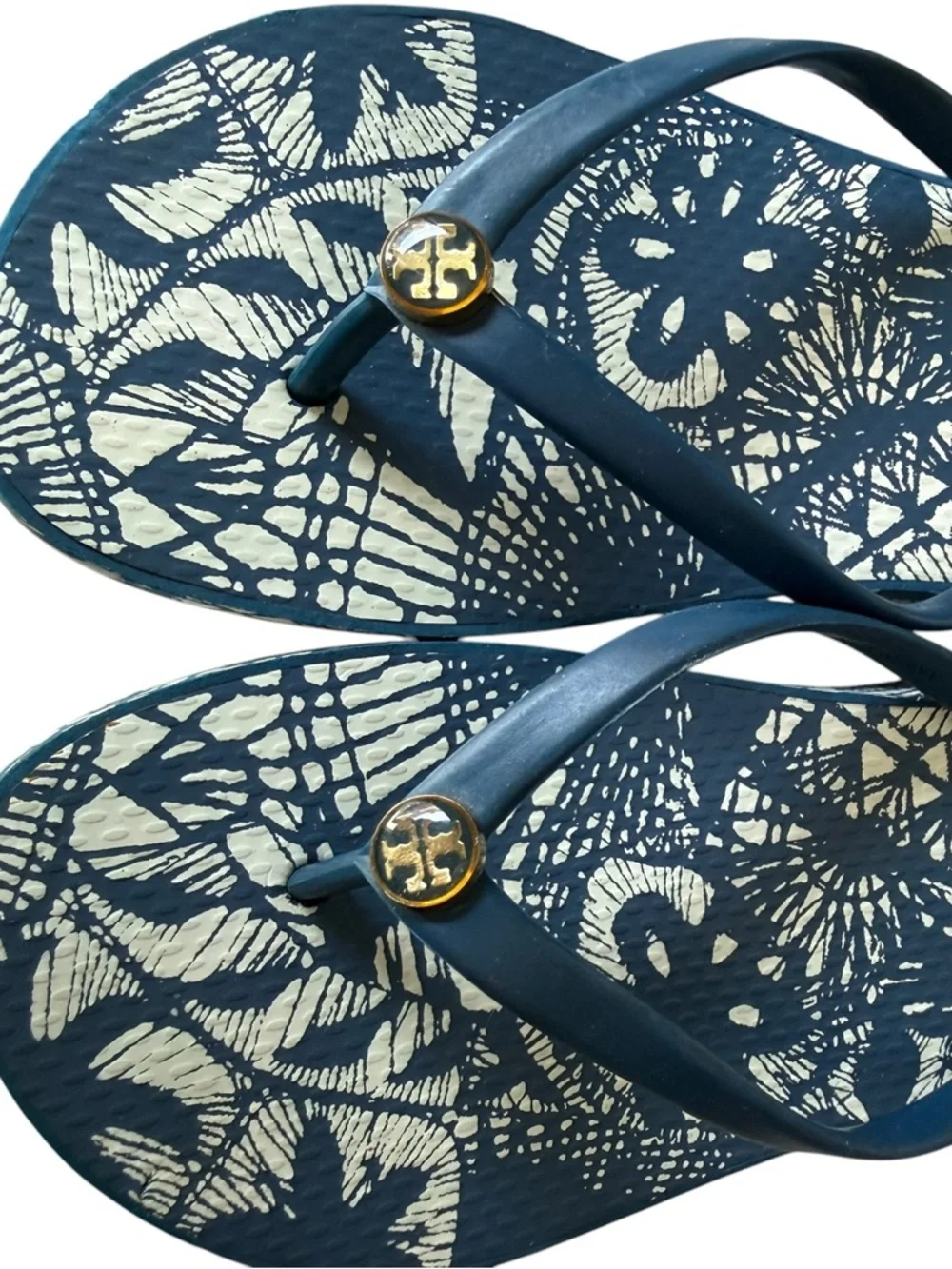 Tory Burch Blue Floral Batik Print Wedge Flip Flips Logo Medallion 9 Like New